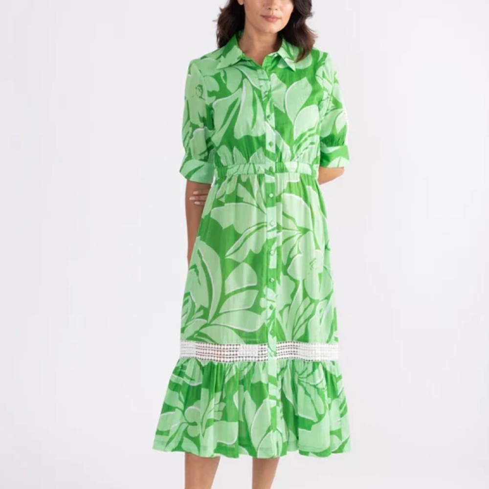 S’Edge- Hunter Monstera Green Print Shirt Midi Dress with Crochet Trim